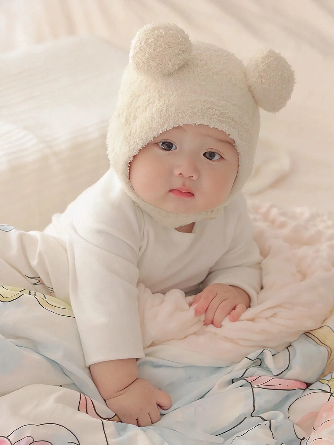 Đôi mắt to tròn long lanh, chiếc mũ len gấu làm bé thêm đáng yêu.