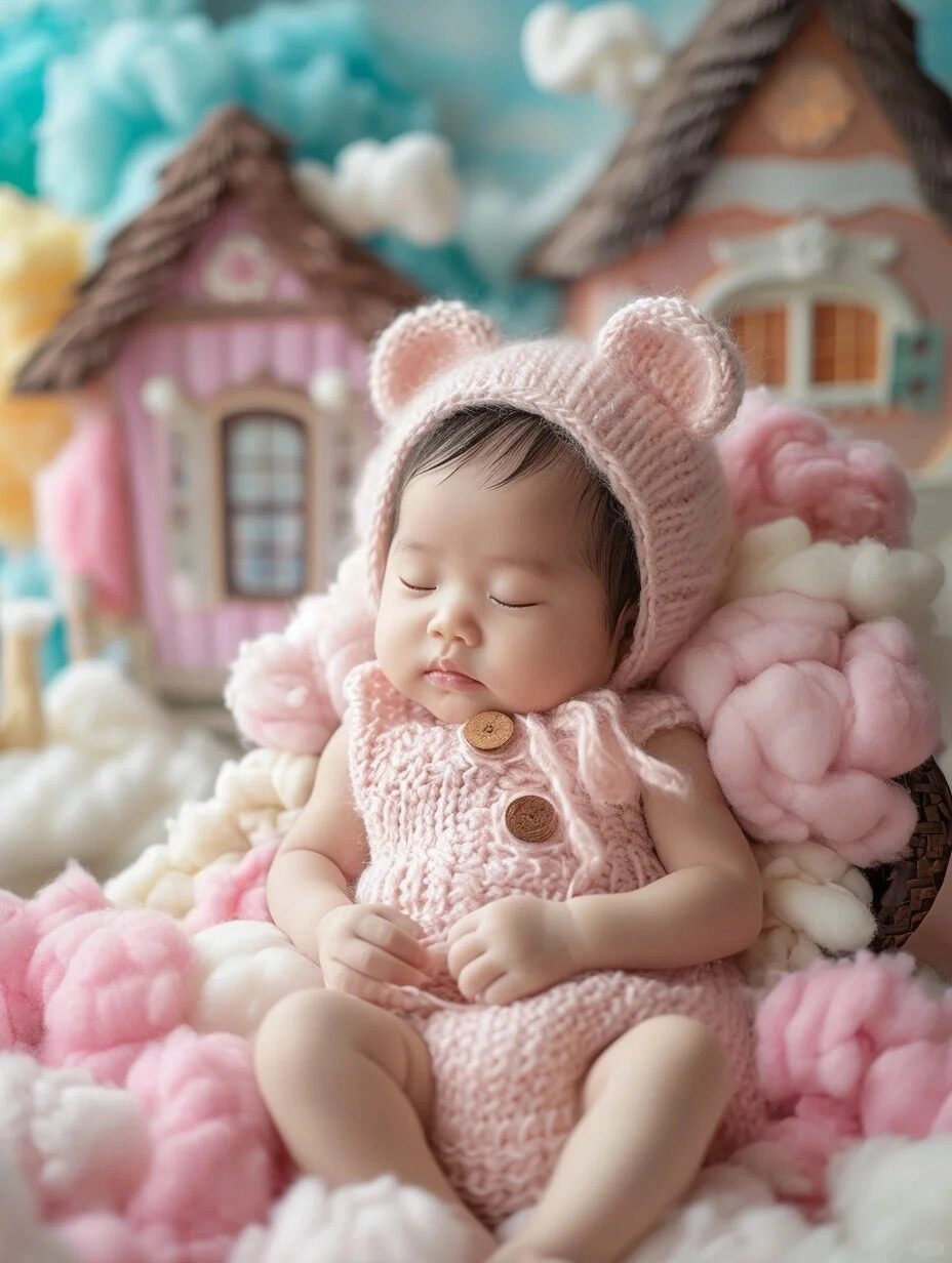 Em bé ngủ ngon với set len màu hồng bên lâu đài toàn màu hồng của mình.