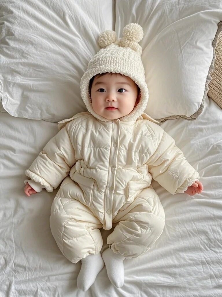 Bé diện bộ áo phao trắng ấm áp, đôi mắt tròn xoe đáng yêu vô cùng.