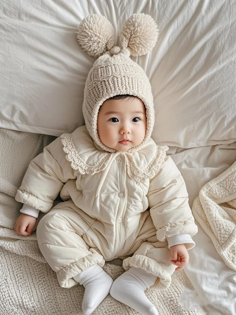 Áo phao trắng phối cổ bèo, bé như thiên thần nhỏ nằm ngoan trên giường.