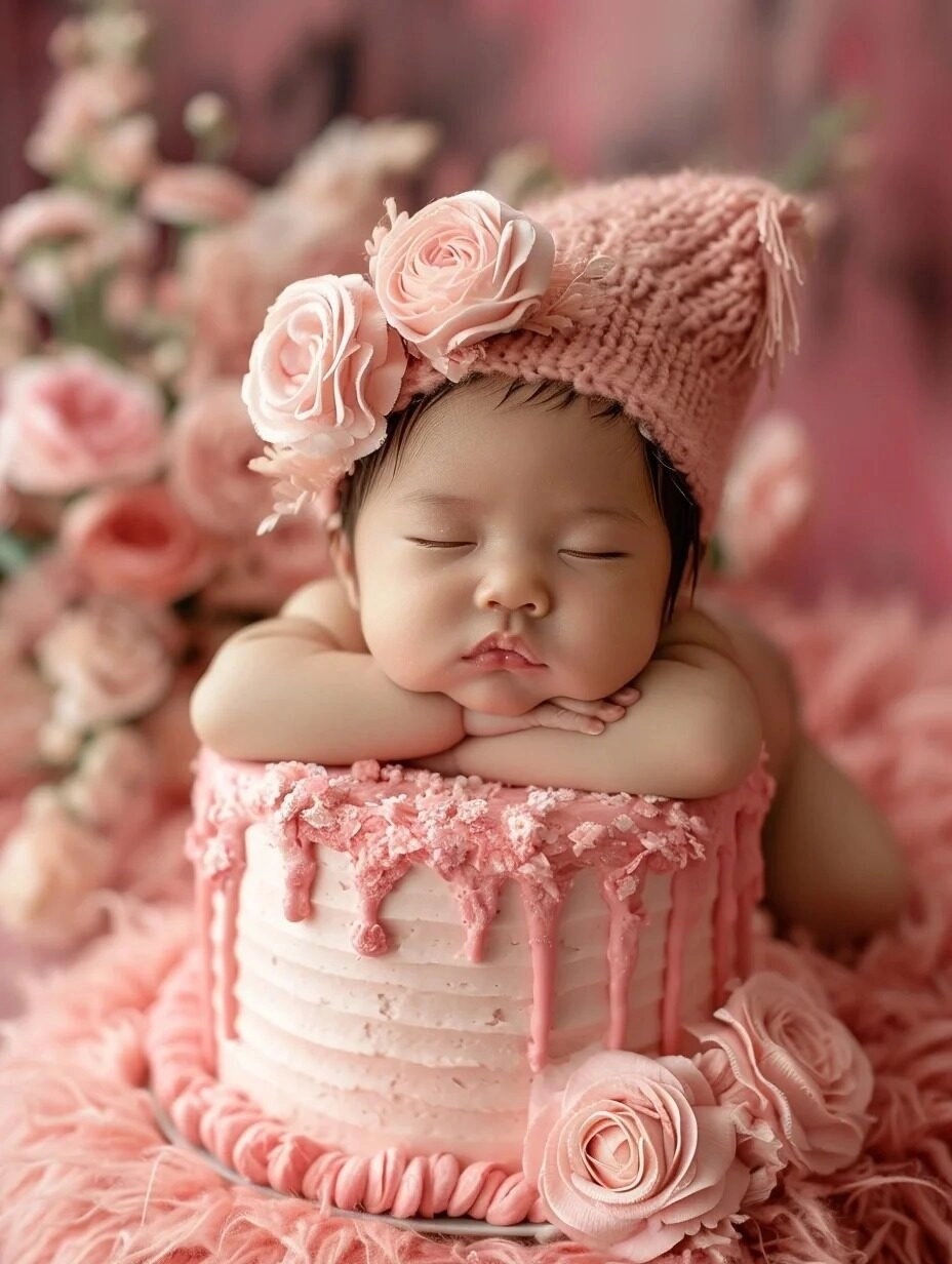 Em bé cute tạo hình siêu đáng yêu bên chiếc bánh sinh nhật đầy tháng.