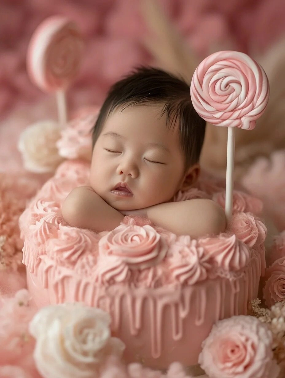 Nằm trong chiếc bánh kem hồng, bé yêu như một viên kẹo ngọt.