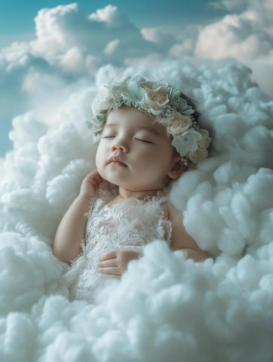 Đội vòng hoa trên đầu, bé tựa như thiên thần nhỏ giữa trời xanh.