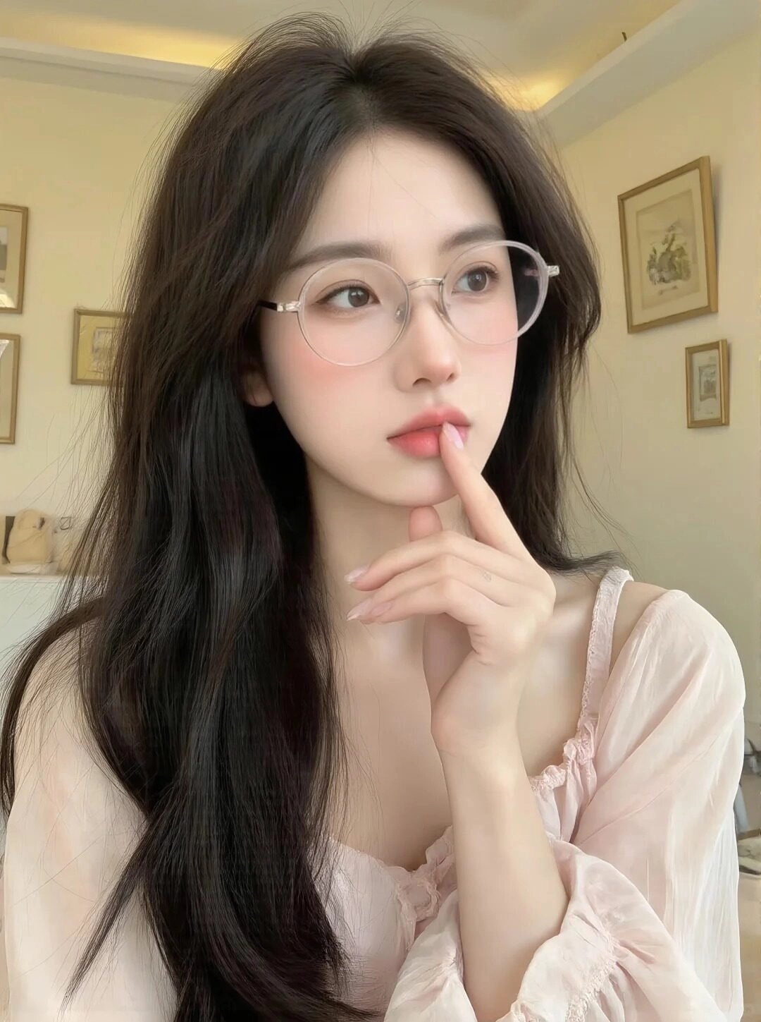 Cô gái xinh đẹp với cặp kính trong suốt nét mặt suy tư.