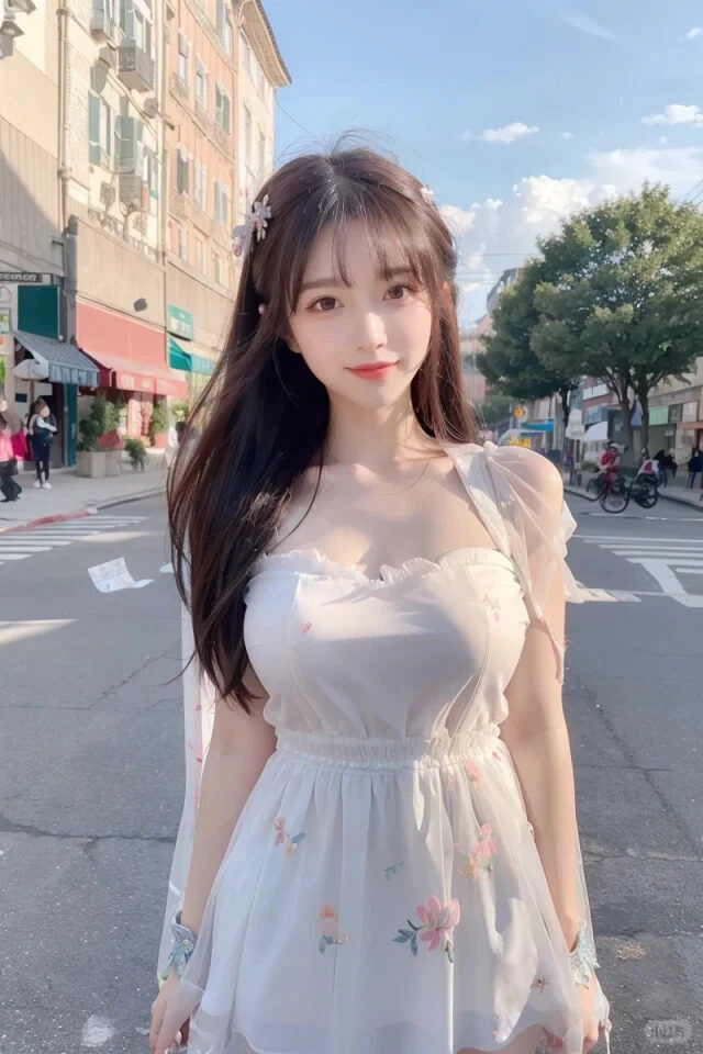 Váy trắng bồng bềnh, tóc thả nhẹ nhàng, điểm xuyết phụ kiện hoa tinh tế.