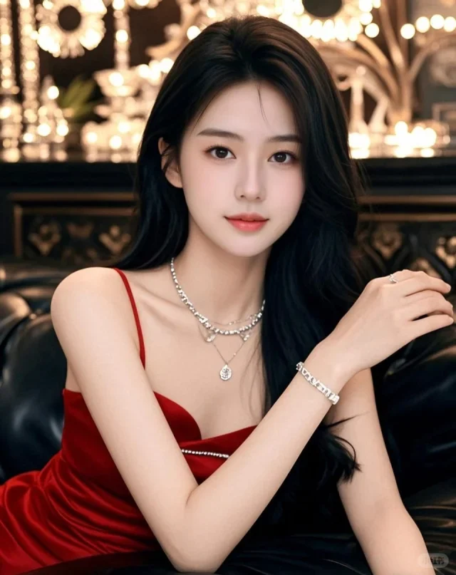 Bộ váy đỏ sang trọng, mái tóc xoăn nhẹ quyến rũ trong không gian lộng lẫy.