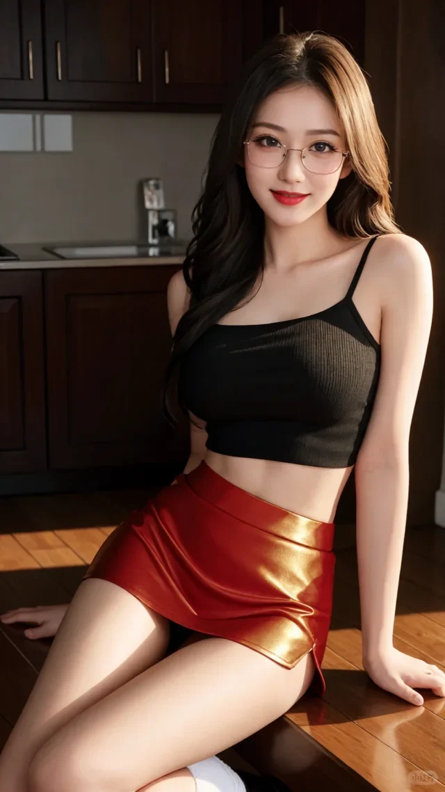 Váy màu đỏ, áo màu đen khuôn mặt xinh đẹp dịu dàng.