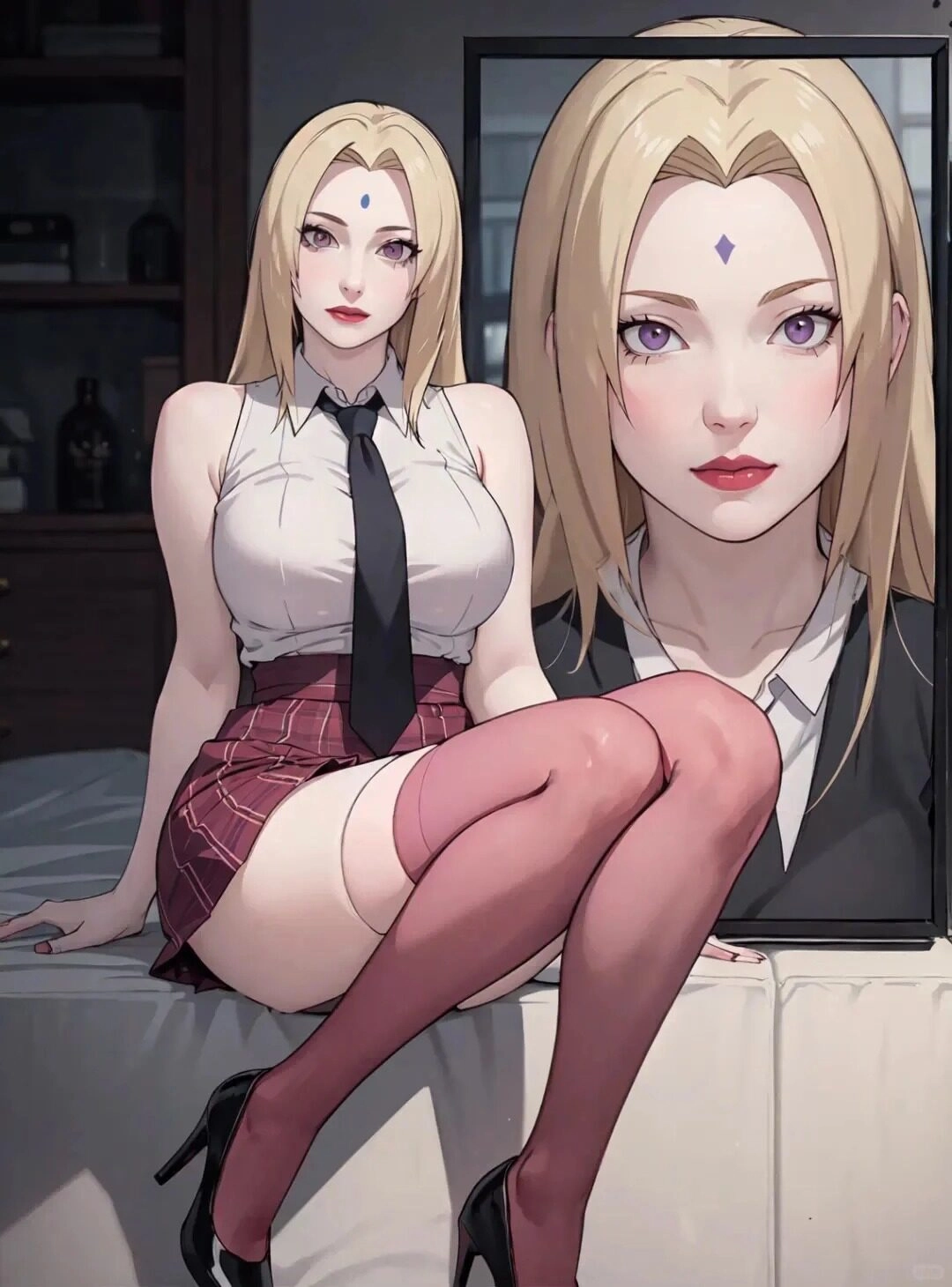 Anime xinh đẹp gợi cảm khoe dáng cùng với đôi tất màu hồng.