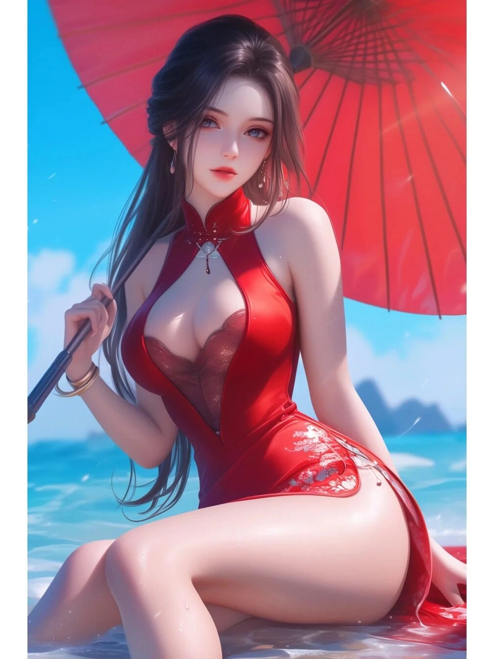 Anime dễ thương trong set trang phục full đỏ tạo dáng bên bờ biển