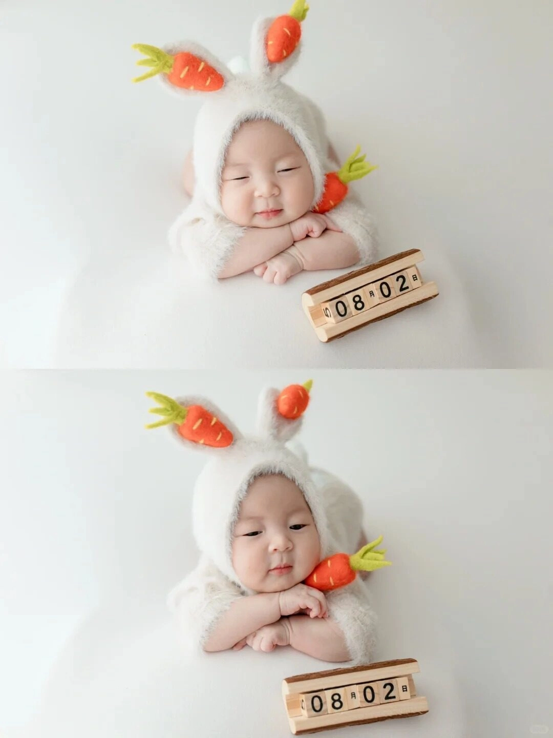 Bé hóa thân thành chú thỏ nhỏ, đôi tai dài cùng củ cà rốt đáng yêu.