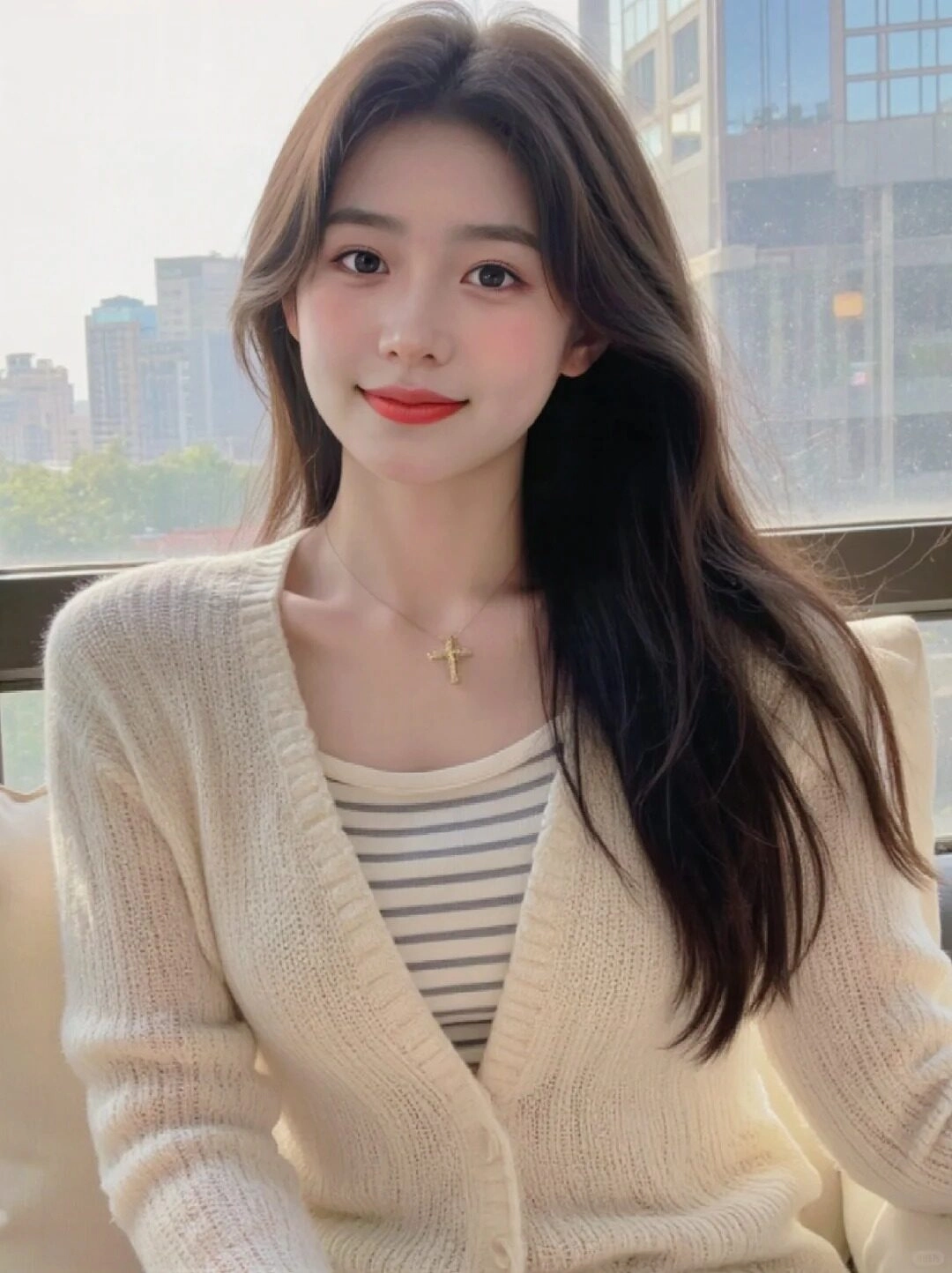 Nét thanh tú với tóc buông nhẹ, áo len be ấm áp bên cửa sổ sáng rực.