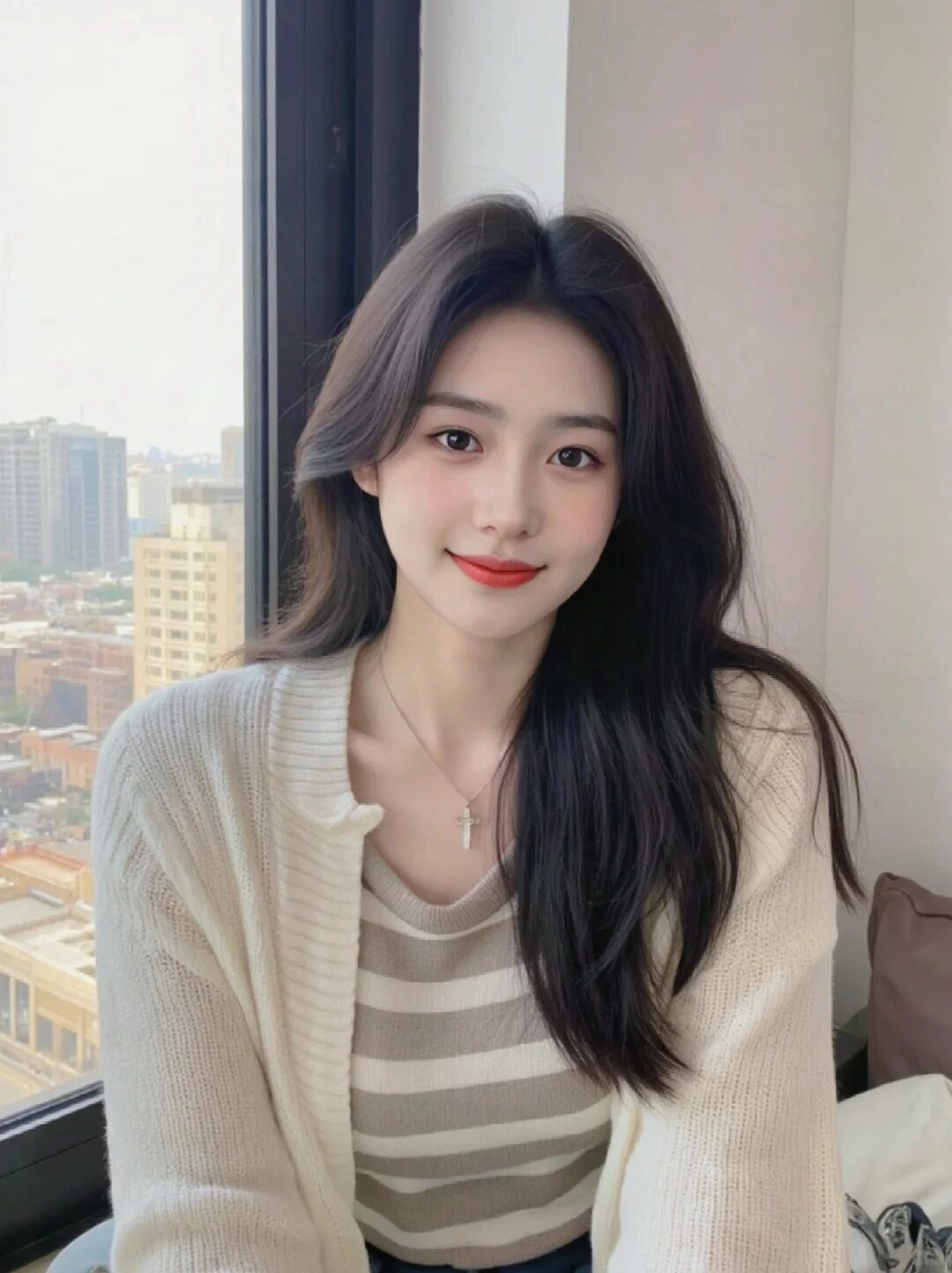 Mái tóc xoăn nhẹ tự nhiên, áo len trắng phối sọc đơn giản mà cuốn hút.