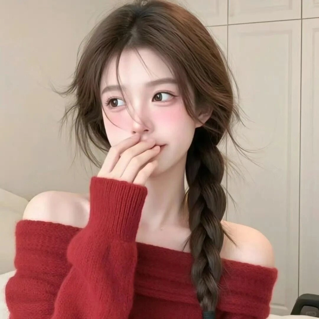 Cô gái áo đỏ vai trần e thẹn, tết tóc lệch, lấy tay che miệng tinh nghịch.