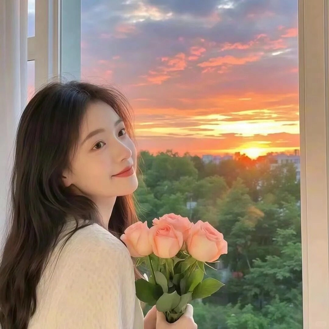 Cô gái bên cửa sổ, ánh mắt hiền hòa, tay ôm hoa hồng trong ánh chiều.