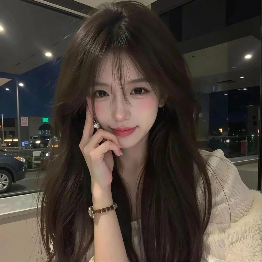 Cô gái tóc dài bồng bềnh, cười nhẹ nhàng, chống cằm biểu cảm ngọt ngào.