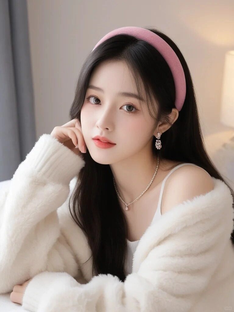 Ánh mắt ngọt ngào, băng đô hồng cùng áo khoác len mềm mại dễ thương.