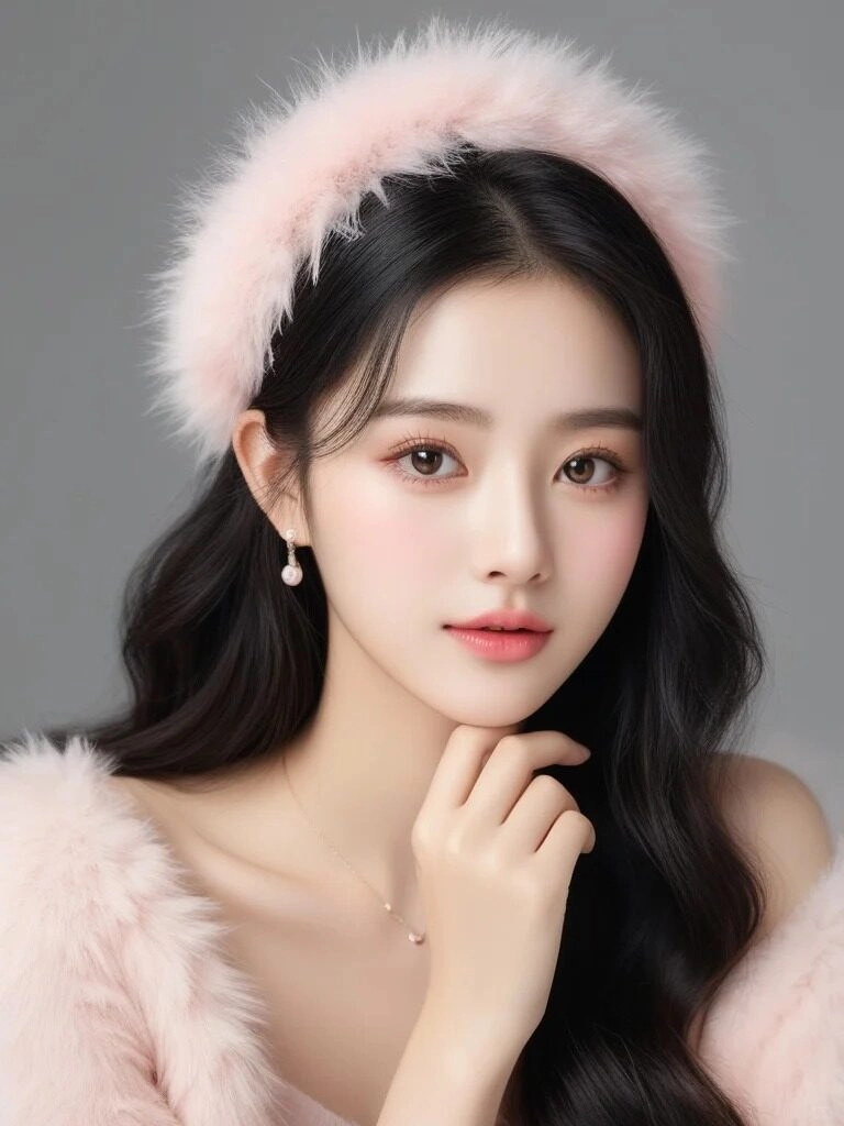 Cô gái thanh lịch với phụ kiện tóc bồng bềnh, trang phục hồng dịu dàng.