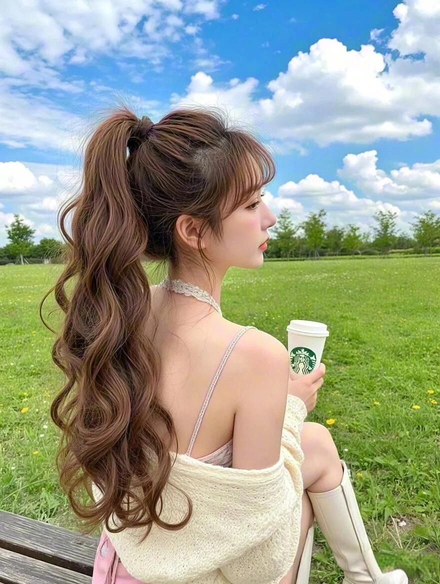 Kiểu tóc đuôi ngựa xoăn bồng bềnh, thư thái uống cà phê giữa thiên nhiên.