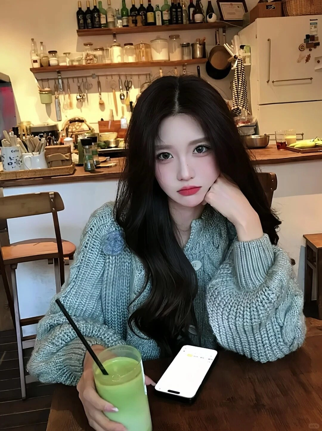 Ánh mắt dịu dàng, áo len oversize thư giãn tại quán cà phê vintage.