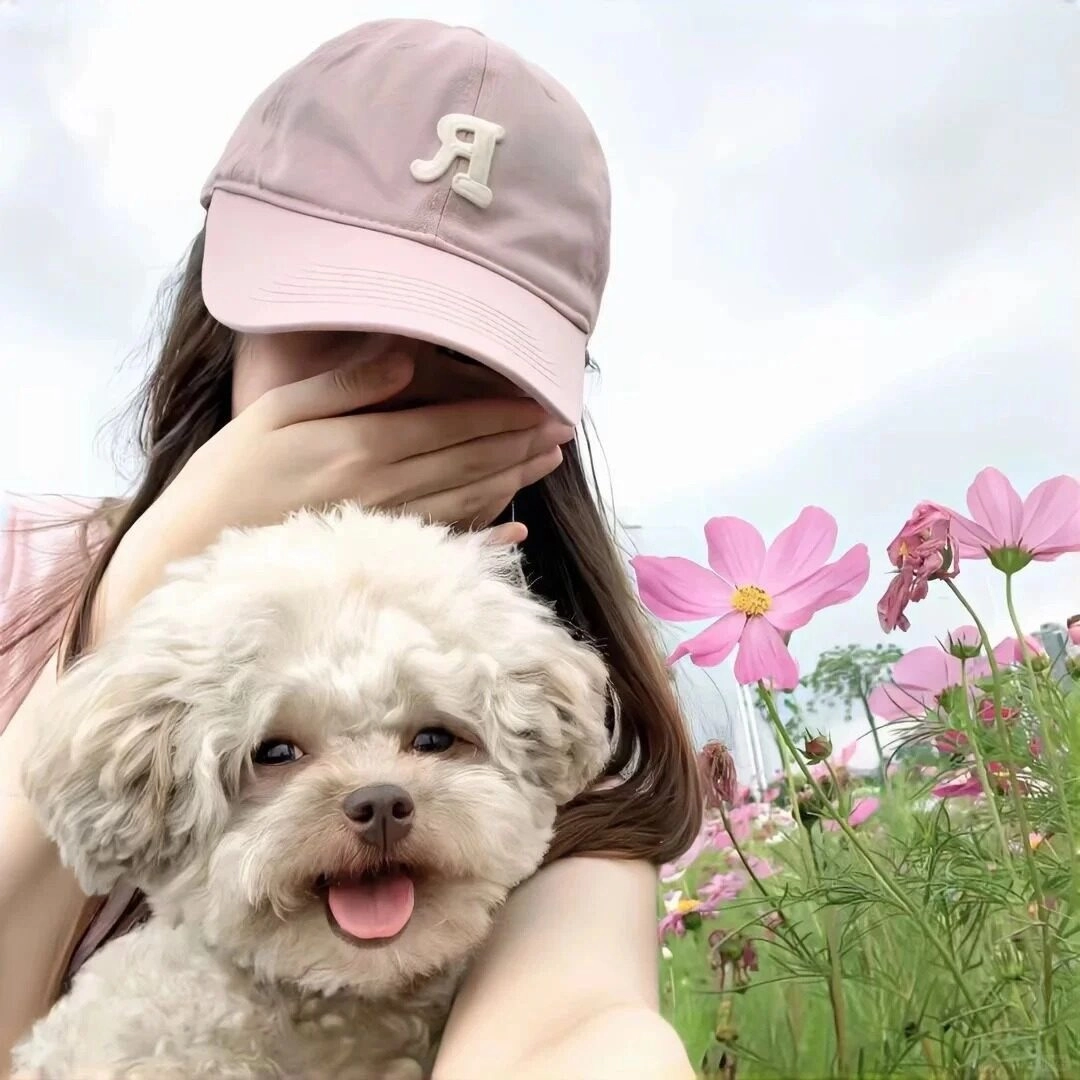 Che mặt bằng tay, đội mũ hồng, ôm cún cưng giữa cánh đồng hoa rực rỡ.