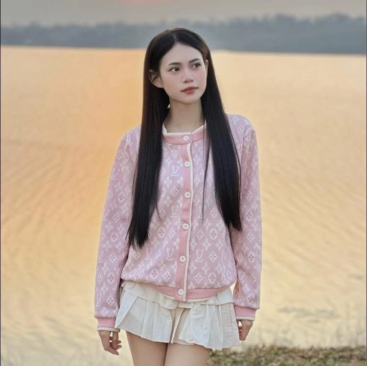 Áo hồng họa tiết nhẹ nhàng cùng chân Váy trắng tạo nên vẻ đẹp dịu dàng.