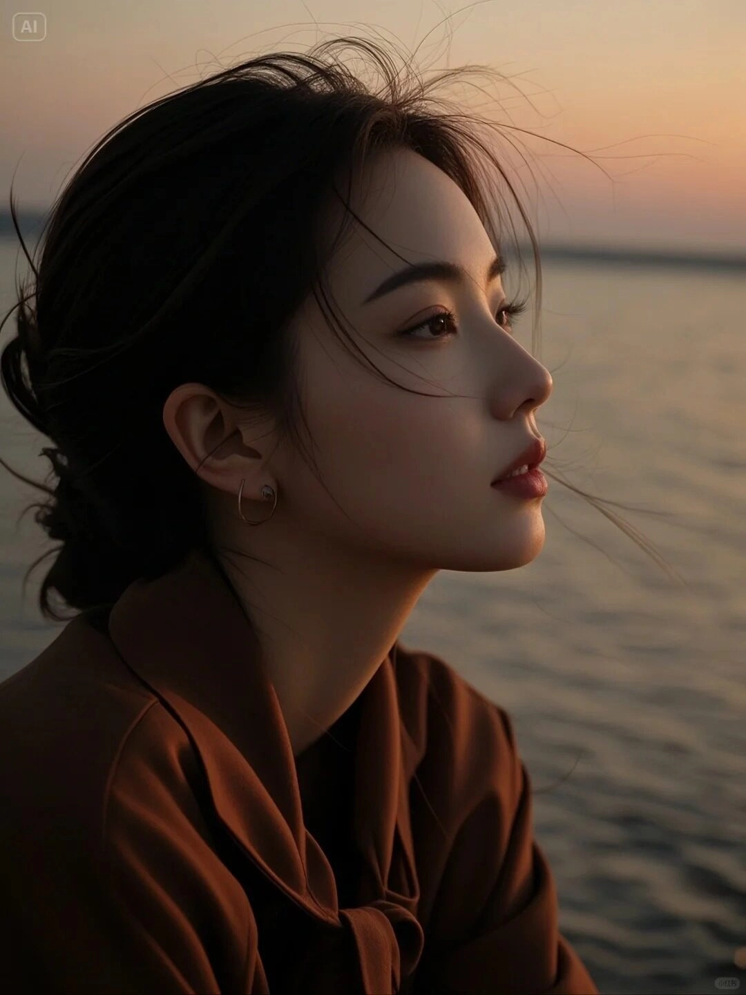 Cô gái bên bờ biển, ánh mắt xa xăm, mang nỗi buồn vô tận trong ánh hoàng hôn.