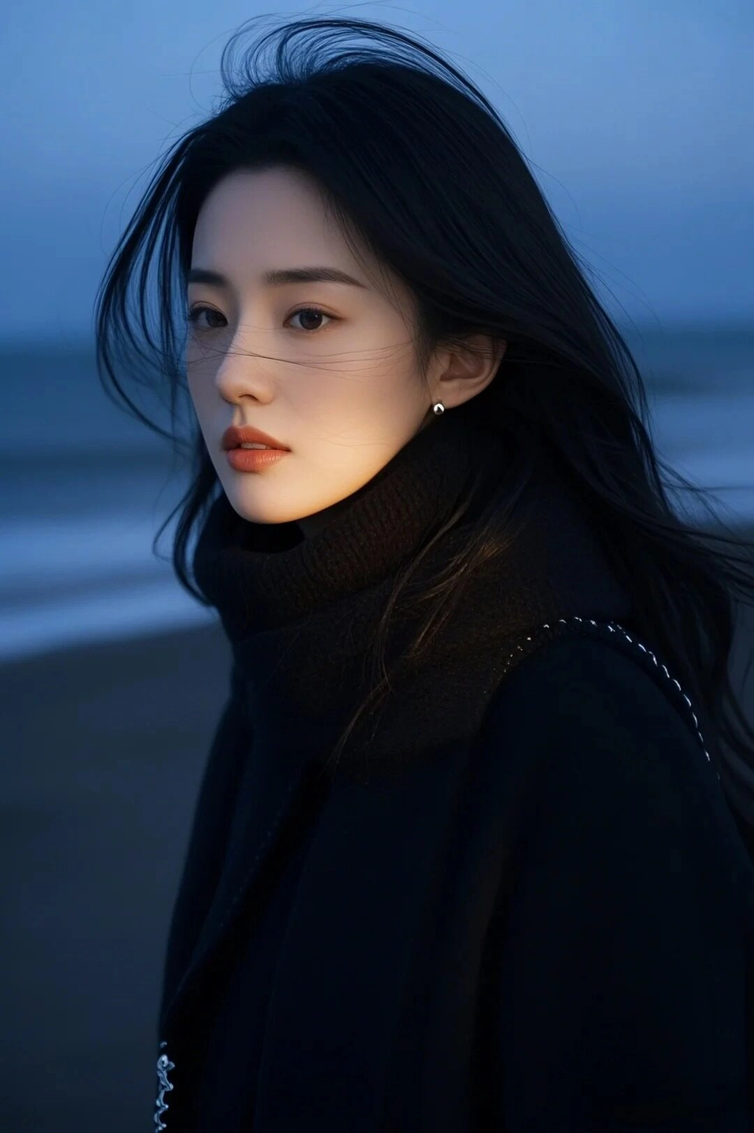 Gương mặt lạnh lùng, ánh mắt xa xăm, làn gió lạnh như tô đậm nỗi buồn.