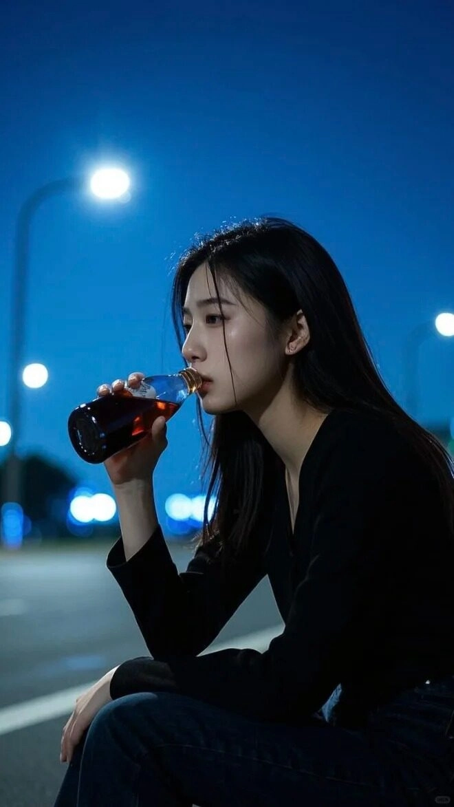 Ngồi bên đường, cô gái uống nước với đôi mắt ngấn lệ.