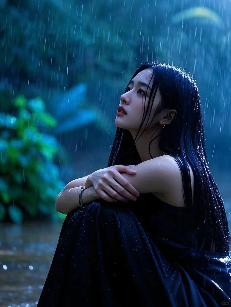 Giữa cơn mưa lạnh giá, cô gái ôm lấy đôi vai trần run rẩy.