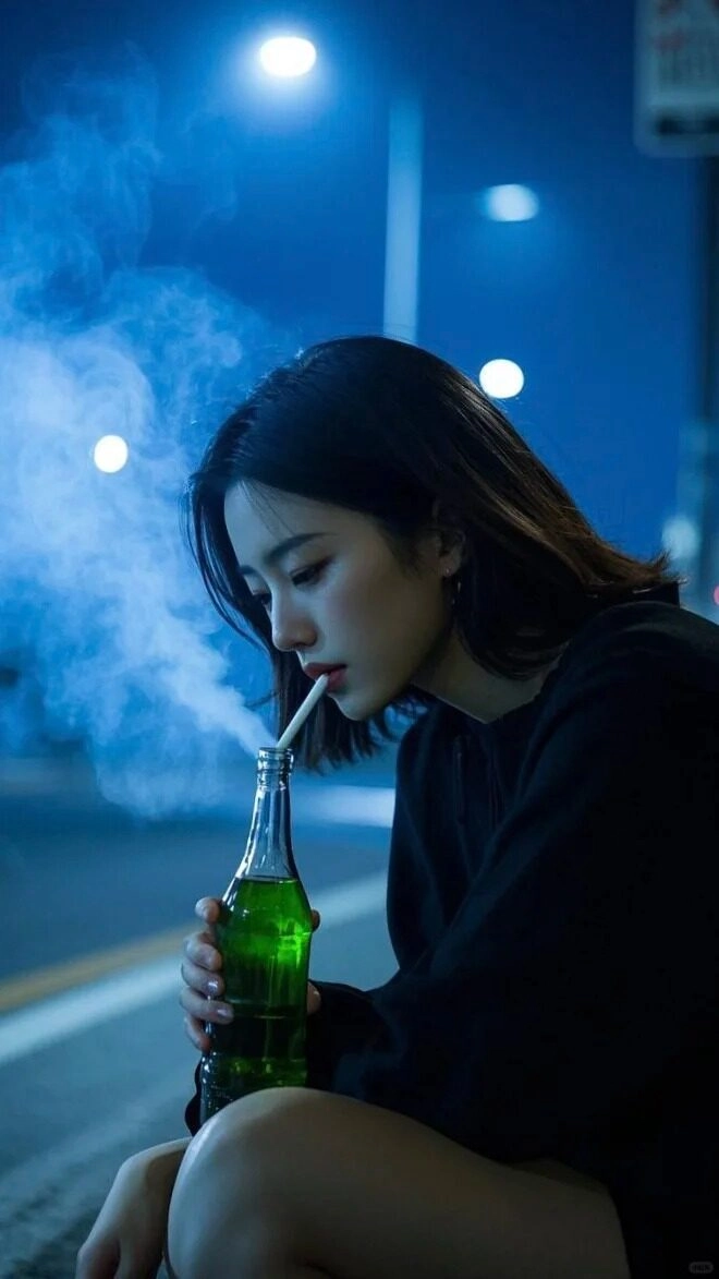 Giọt nước mắt rơi trong màn đêm, hơi khói lạnh vây quanh cô gái.