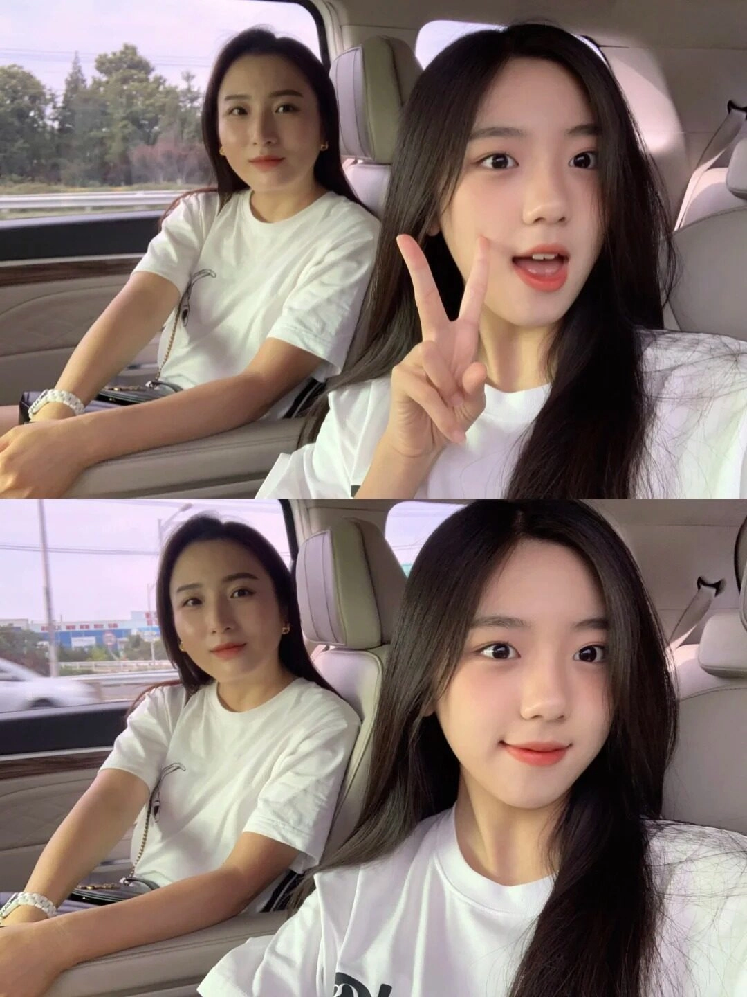 Cô gái selfie vui vẻ cùng mẹ trên chuyến xe đầy ấm áp.