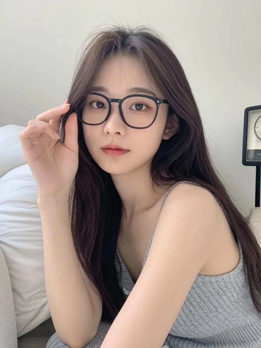 Nàng đeo kính tròn đáng yêu, tóc xõa nhẹ nhàng, thon gọn mặt thanh tú.