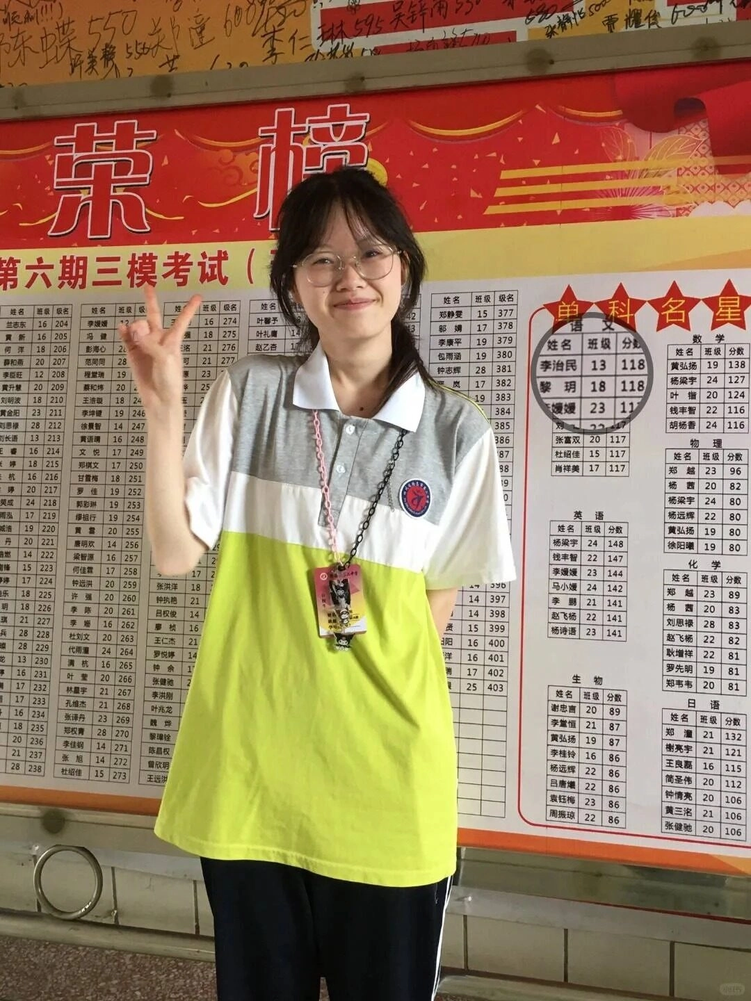 Nụ cười rạng rỡ cùng ký hiệu chữ V tự tin.