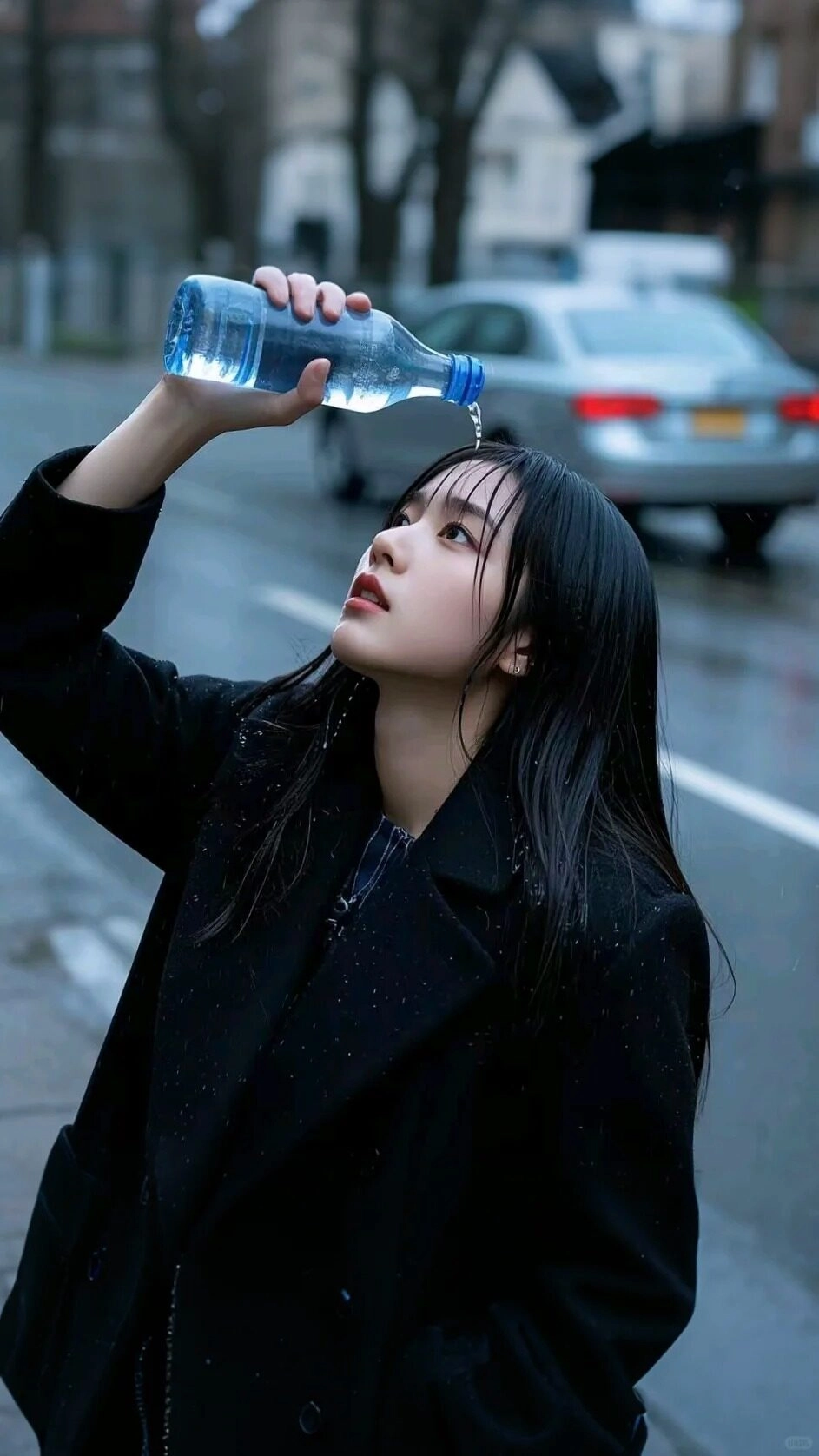 Cô gái cầm chai nước đổ lên đầu, ánh mắt vô định giữa phố đông.