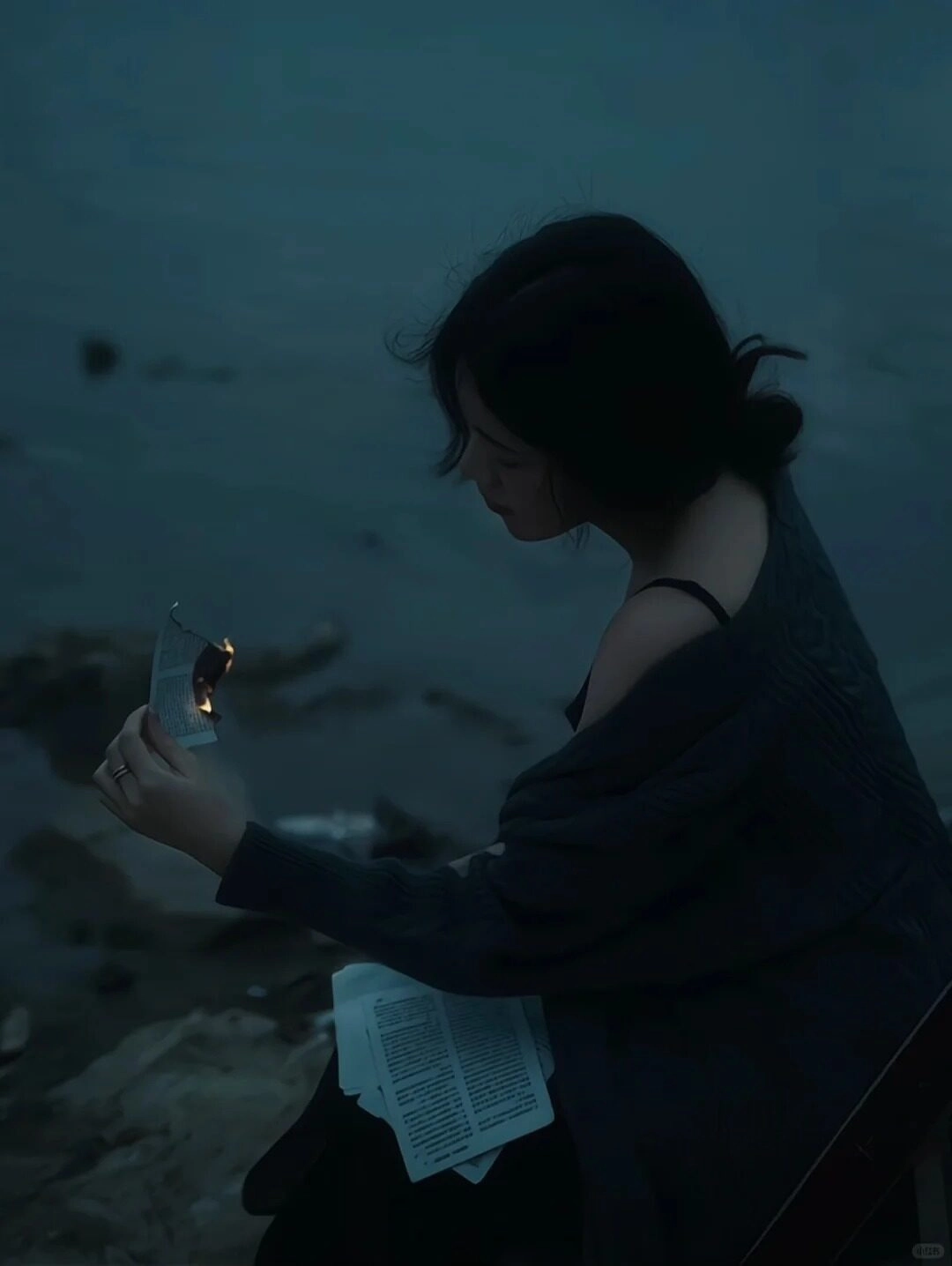 Cô gái gồi bên bờ sông, đốt từng trang giấy, đôi mắt xa xăm lạc lõng.