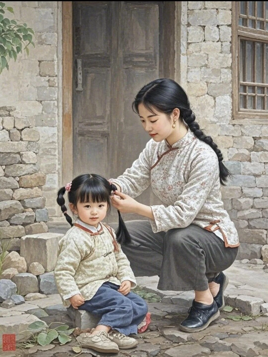 Tình mẫu tử giản dị, khoảnh khắc bện tóc đầy yêu thương.