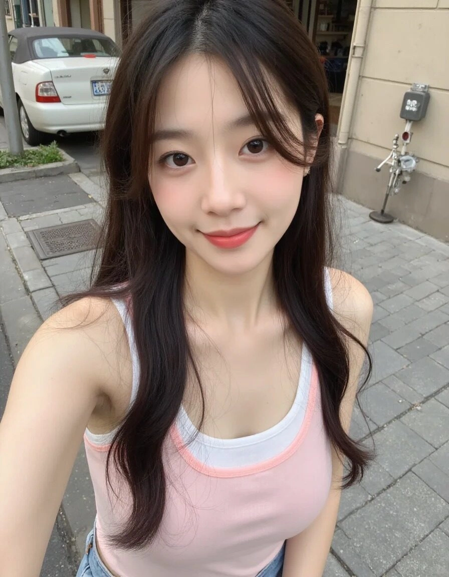 Kiểu tóc dài buông xõa nhẹ nhàng, áo sát nách tươi tắn dạo phố.