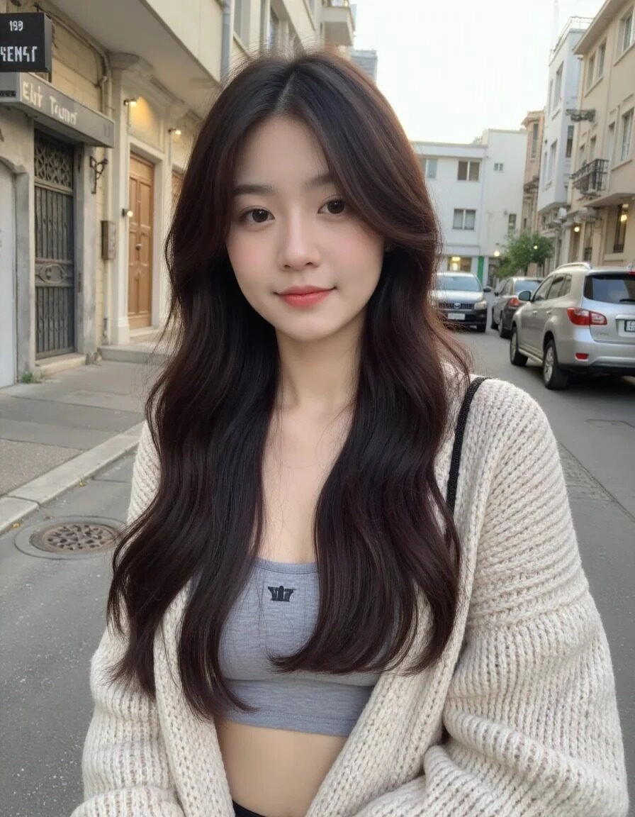 Áo khoác len và mái tóc dài bồng bềnh, nét thanh lịch nữ tính dạo phố.