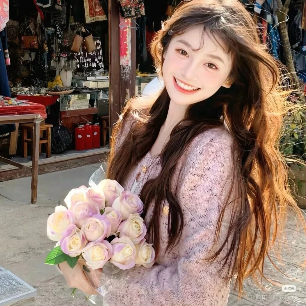 Cô gái rạng rỡ, tóc dài bay nhẹ, ôm bó hồng ngọt ngào.