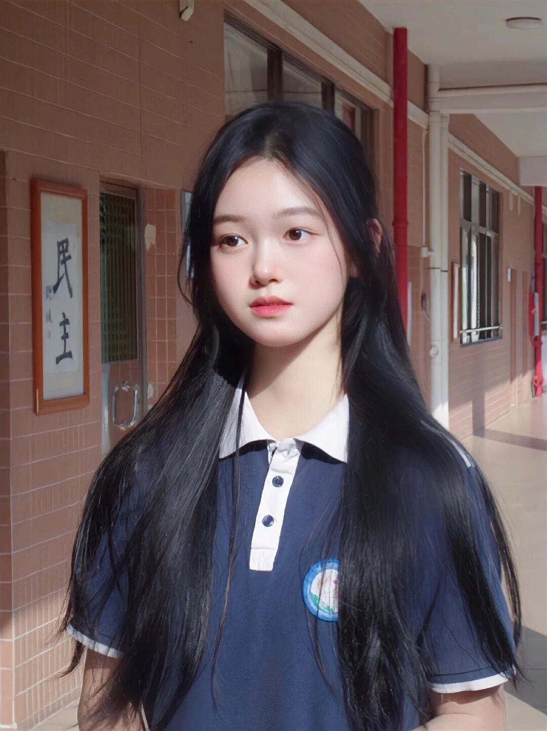 Nữ sinh tóc dài mượt, nhẹ nhàng trong đồng phục trường xanh.