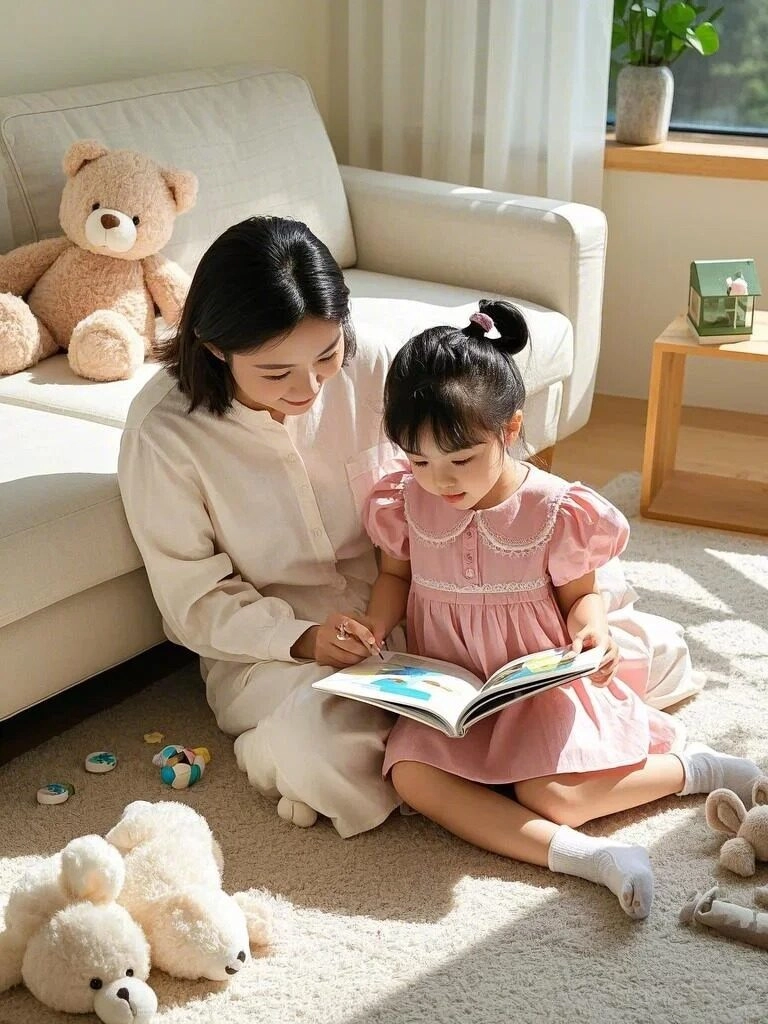 Mẹ diện váy trắng, con mặc váy hồng xinh xắn, cùng đọc sách bên ánh nắng nhẹ.
