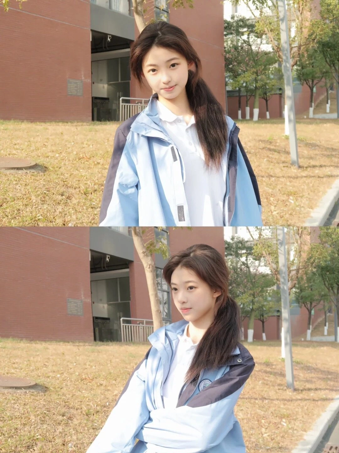 Nữ sinh áo khoác xanh nhẹ nhàng, tóc cột thấp đơn giản, ánh mắt trong trẻo.