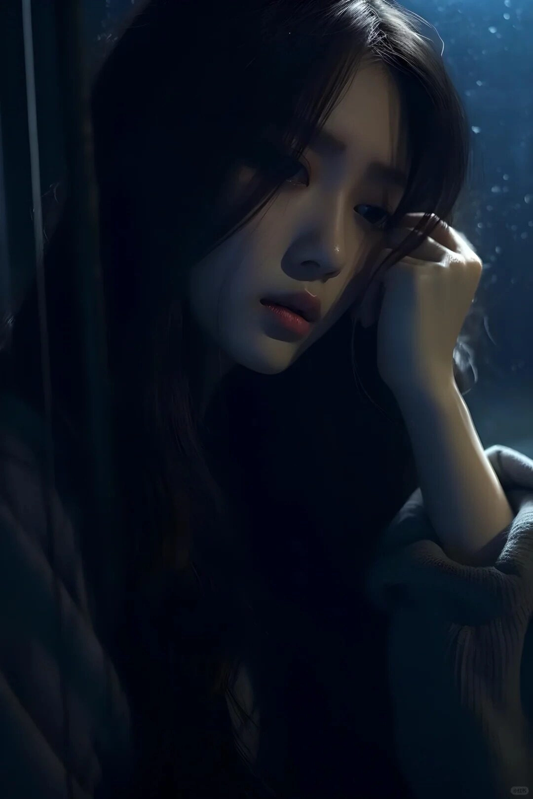 Tựa vào cửa sổ, mắt buồn xa xăm, ánh sáng mờ nhạt làm tăng thêm nỗi cô đơn.