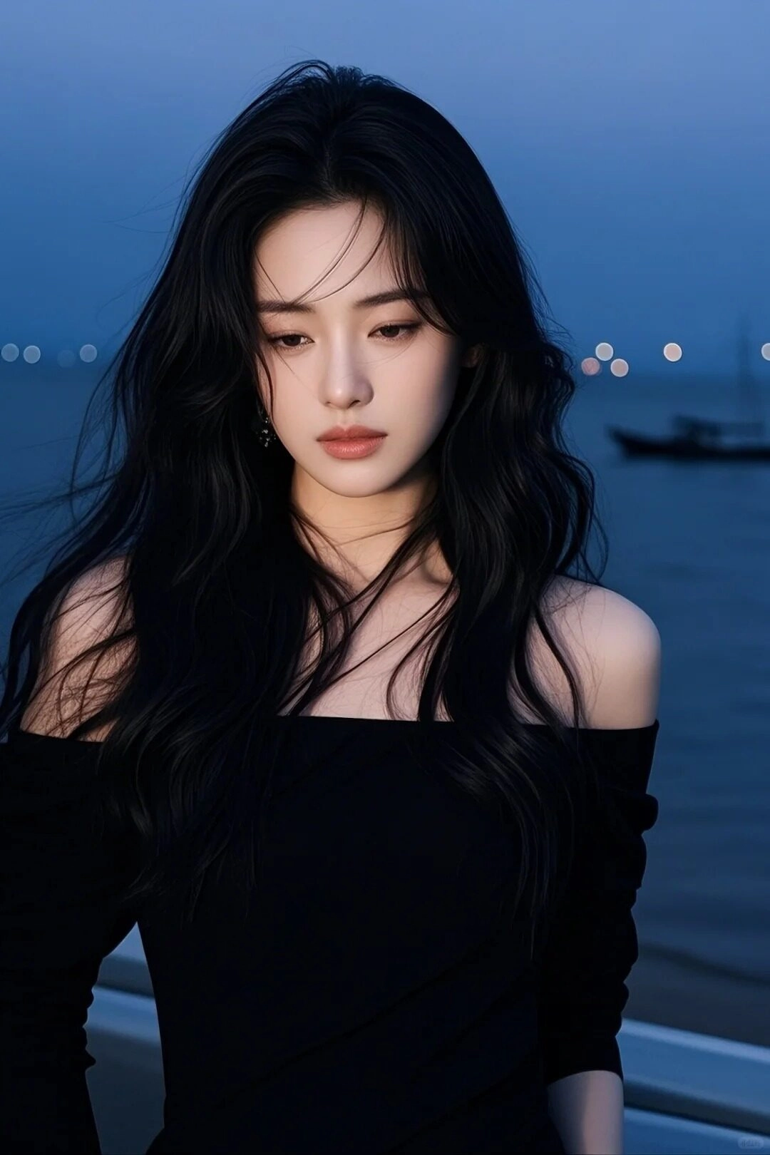 Đứng bên bờ biển, ánh mắt vô hồn, làn gió thổi tung mái tóc đen dài.