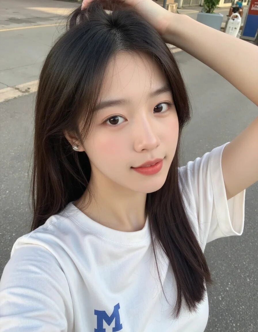 Kiểu tóc thẳng tự nhiên, gương mặt tươi tắn cùng áo thun trắng trẻ trung.