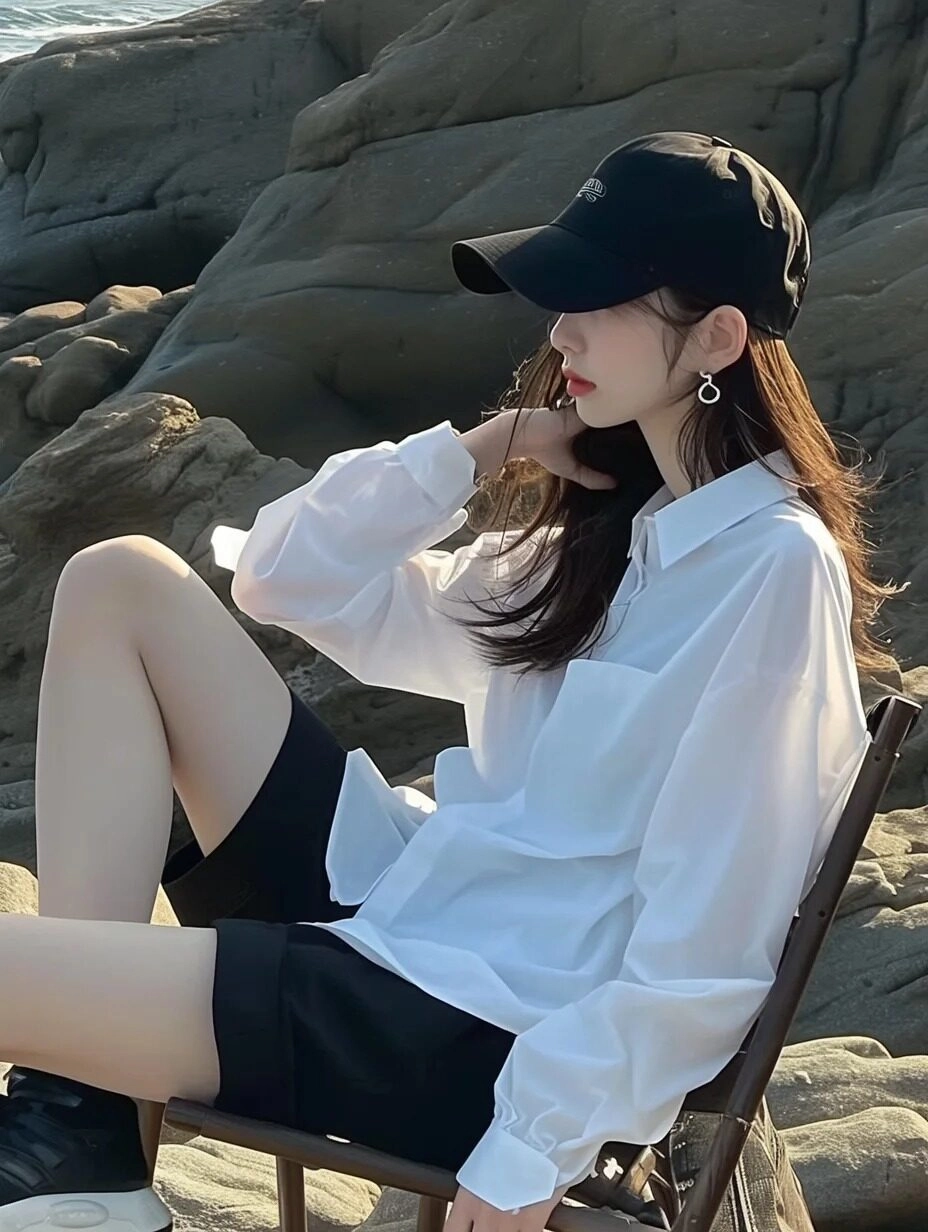 Ngồi bên bờ đá, đội mũ đen, diện áo sơ mi trắng và quần đùi đen thời thượng.