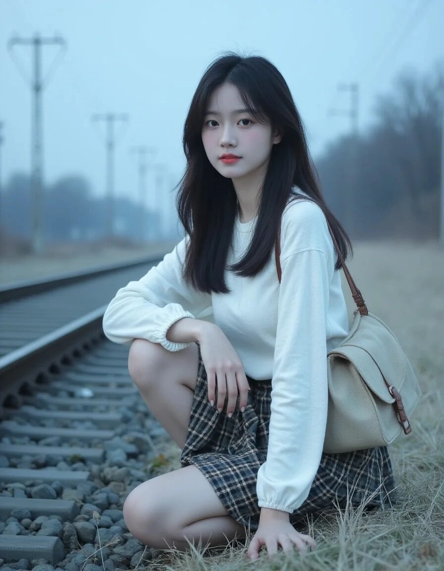 Ngồi bên đường ray, thư giãn cùng ánh mắt sâu sâu đầy cuốn hút.